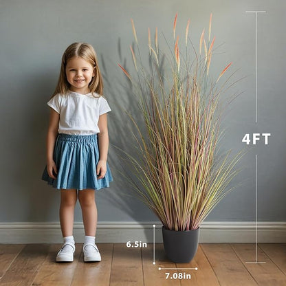 KOL 4ft 2-Pack Artificial Cattail Reed Grass, 47.2’’ Artificial Indoor Outdoor Fake Onion Grass Floor Plant, Home Office Wedding Decorative Potted Plants, Housewarming Gift, Pink