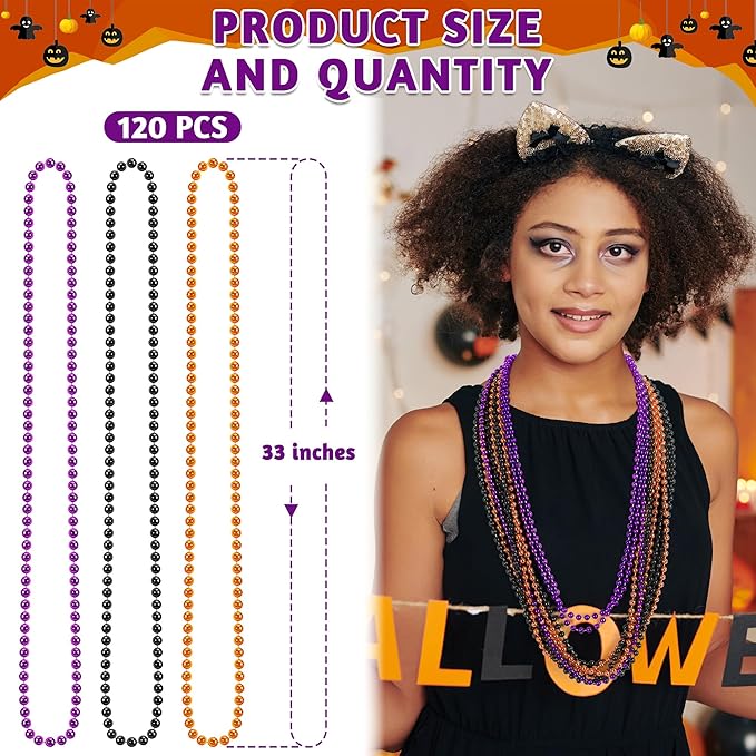 120 PCS Halloween Beads Necklaces, Black Purple Orange Beads Bulk, Halloween Party Accessories Parade Necklaces, Happy Trick Treat Mardi Gras Supplies Party Supplies Stuff