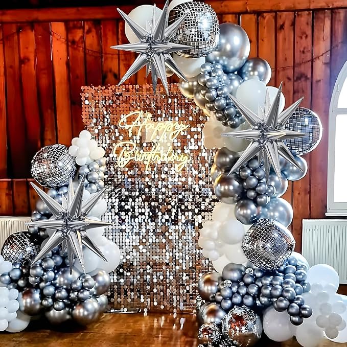 12Pcs Disco Ball Balloons, 22" 15" 10" 4D Aluminum Foil Balloons, Metallic Silver Disco Balloon for Birthday Bachelorette Disco 70s 80s 90s Themed Graduation New Year Eve Prom Party Decorations