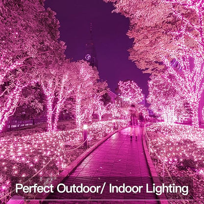 suddus Pink Solar String Lights for Outside, 2 Pack Total 66ft 200 Led Pink Fairy Light Outdoor, 8 Modes Solar Twinkle Light for Halloween Decor, Fence, Patio, Yard, and Party