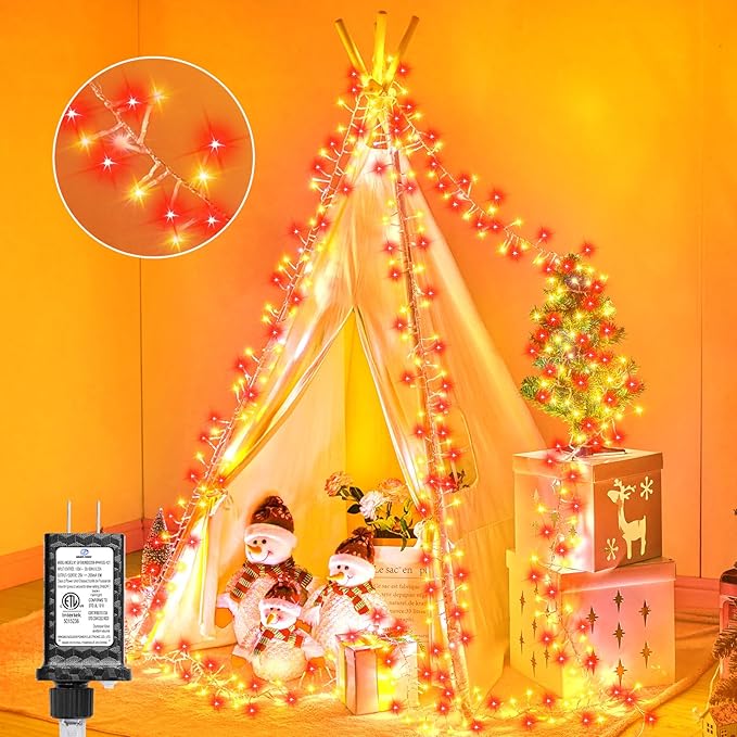 Minetom Christmas Lights Outdoor Cluster Lights - 200 LED 10 Ft Christmas Firecrackers String Lights, 12 Modes Timer Waterproof Connetable Plug in Twinkle Fairy Lights for Xmas Tree, Red＆Warm White
