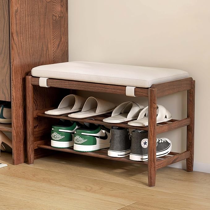 YESWOOD Solid Wood Shoe Bench Assembled, Shoe Rack Bench with Cushion for Entryway, Living Room, Bedroom, Hallway, 31.49“ x 11.81” x 17.71", Walnut