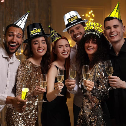 48PCS New Year's Eve Party Supplies for 24 Guests - Happy New Year Headband, Gold Black Party Favors, Cone Hats, Horns, Blowouts - Accessories in Plastic Cardboard