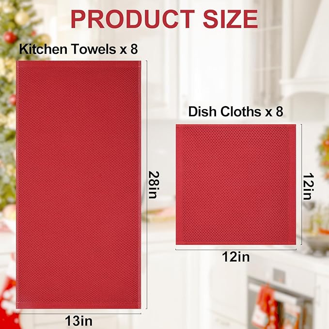 Homaxy 100% Cotton Kitchen Towels and Dishcloths Set, 12 x 12 Inches and 13 x 28 Inches, Set of 16 Bulk Kitchen Towels Set, Ultra Soft Absorbent Dish Cloths for Washing Dishes, Red