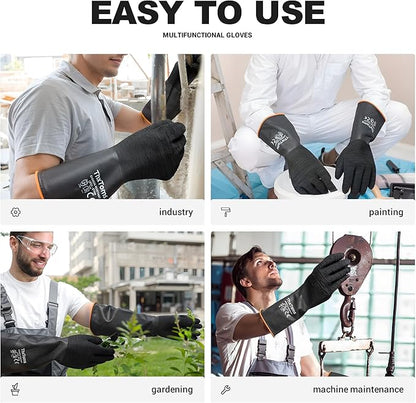 ThxToms Heavy Duty Rubber Gloves, Industrial Chemical Resistant Gloves Waterproof Reusable Protective Work Gloves for Cleaning, Dishwashing,Upgraded with Non-Slip Design, Black, 22" 1 Pair