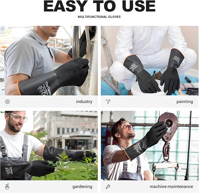 ThxToms Heavy Duty Rubber Gloves, Industrial Chemical Resistant Gloves Waterproof Reusable Protective Work Gloves for Cleaning, Dishwashing,Upgraded with Non-Slip Design, Black, 14" 1 Pair
