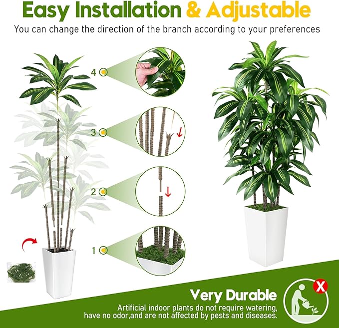 Artificial Dracaena Tree Indoor, 6FT Tall Fake Tree with White Tall Planter, Artificial Trees Fake Yucca Potted Tree for Home Office Living Room Decor, Tall Artificial Plant for Housewarming