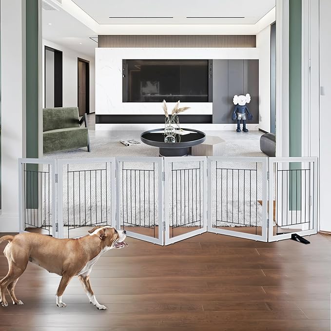 ZJSF Freestanding Dog Gate Indoor, Foldable Dog Fence for Doorways,Hallways or Stairs, Sturdy Wood Extra Wide Pet Gate with Support Feet,Grey,24 "Height-6 Panels