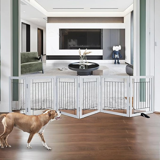 ZJSF Freestanding Dog Gate Indoor, Foldable Dog Fence for Doorways,Hallways or Stairs, Sturdy Wood Extra Wide Pet Gate with Support Feet,Grey,24 "Height-6 Panels