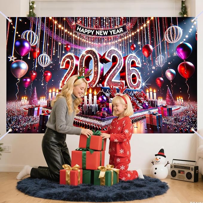 Nuxovilar Happy New Year Banner, 2026 Stage Lights Backdrop for Party Decorations, 71x43 Inch