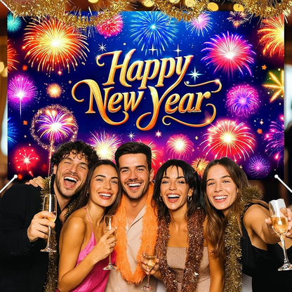 Happy New Year Banner 2026 71 x 43 Inch Fireworks Photo Backdrop Colorful New Year Eve Party Wall Decoration Banner for Indoor Outdoor Celebration Home Event Decor