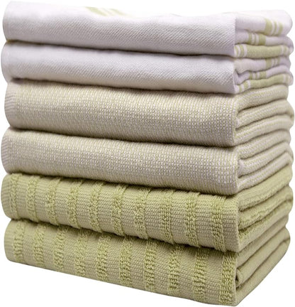 Premium Kitchen Towels (20”x 28”, 6 Pack) | Large Cotton Dish Towels | Flat & Terry Highly Absorbent Kitchen Linen Set with Hanging Loop | Wide Stripe Sage Green