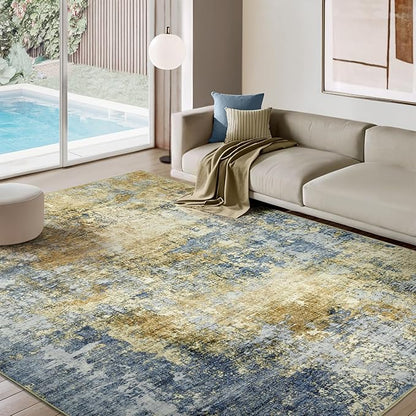 AUKOW Area Rug Living Room Rugs - 8x10 Modern Abstract Soft Indoor Neutral Washable Rug Stain Resistant Non-Slip Low Pile Carpet for Bedroom Dining Room Home Office - Blue/Grey/Yellow