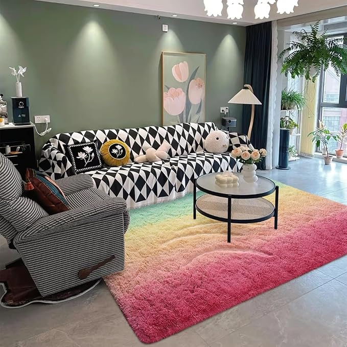 DweIke Luxury Fluffy Kids Rugs for Living Room Bedroom, 6x9 Large Shaggy Rainbow Pink Area Rug for Girls Boys, Upgrade Plush Non-Slip and Washable Colorful Fuzzy Carpet for Dorm Nursery Decor