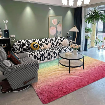 DweIke Luxury Fluffy Kids Rugs for Living Room Bedroom, 6x9 Large Shaggy Rainbow Pink Area Rug for Girls Boys, Upgrade Plush Non-Slip and Washable Colorful Fuzzy Carpet for Dorm Nursery Decor