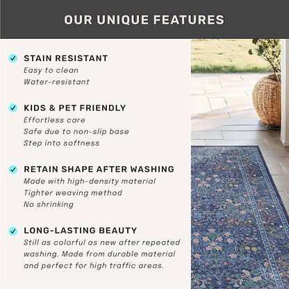 Non Slip 2x10 Dark Blue Hallway Runner - 10ft Long Runner Rugs, Washable Kitchen Floor Mat - Vintage Navy Floral Design Décor