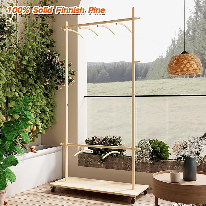 Solid Wood Coat Rack with 6 Hangers & Wheels, Freestanding Garment Rack with Shelf & 4 Hooks for Hanging Clothes, Heavy Duty Coat Stand for Hallway, Bedroom