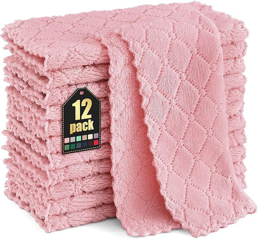 Homaxy 12 Pack Kitchen Dish Cloths (10 x 10 Inches, Pink), Super Soft and Absorbent Coral Velvet Dish Towels, Nonstick Oil Fast Drying Microfiber Cleaning Cloth, No Lint Household Dishcloths