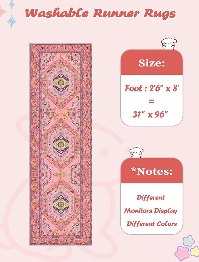 SERISSA Runner Rug for Hallways, 2'6"x8' Washable Non Slip Kitchen Runner Rug, Ultra Soft Cute Boho Aesthetic Rug Long Fuchsia Pink Floor Carpet for Bedroom Bathroom Laundry Living Room
