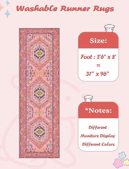 SERISSA Runner Rug for Hallways, 2'6"x8' Washable Non Slip Kitchen Runner Rug, Ultra Soft Cute Boho Aesthetic Rug Long Fuchsia Pink Floor Carpet for Bedroom Bathroom Laundry Living Room