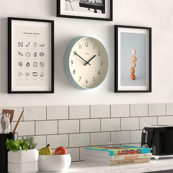 JONES CLOCKS® Studio Wall Clock | Modern Round Style | 12 inch | Pale Blue | Easy to Read Numbers | Versatile Design for Kitchen, Living Room or Office