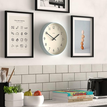 JONES CLOCKS® Studio Wall Clock | Modern Round Style | 12 inch | Pale Blue | Easy to Read Numbers | Versatile Design for Kitchen, Living Room or Office