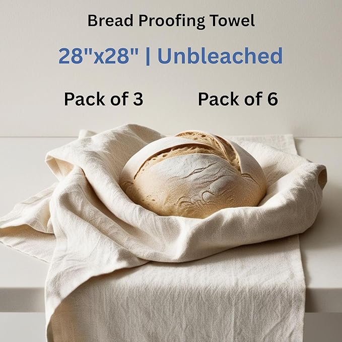 WHITEWRAP Flour Sack Towels for Bread Dough Proofing – 100% Unbleached Cotton, Thick Reusable Baking Cloth – 28"x28" Large Tea Towels for Baguettes, Ciabatta, Pastries – 3 Pack