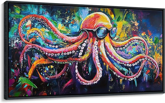 JEAWA Abstract Graffiti Wall Art, Large Framed Funny Octopus Street Cool Pop Art Texture Canvas Paintings for Living Room Bedroom kitchen Home Wall Decor and Gifts for Men 29x58 IN