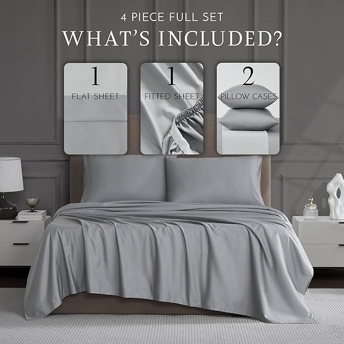 Linen Closet Luxury Cotton 1200 Thread Count Hotel Luxury 4-Piece Sheet Set, Full, Light Gray
