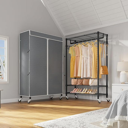 VIPEK R3C Rolling Clothes Rack with Cover Portable Closet for Hanging Clothes, Heavy Duty Garment Rack Clothing Racks with Wheels& Hanging Rod, Black Racks with Grey Upgraded Polyester Cover