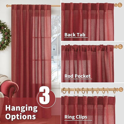 YoungsTex Burgundy Red Linen Curtains 54 Inch Length for Kitchen, Light Filtering Semi Sheer Small Window Drapes Rod Pocket Back Tab for Christmas Living Room Cafe, 2 Panels, 42 X 54 Inch