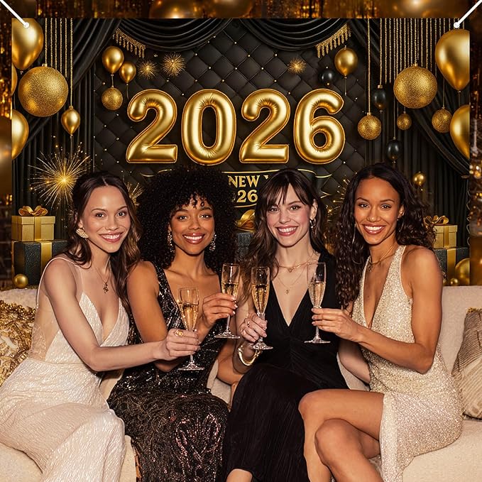 Happy New Year 2026 Backdrop Gold Black Balloons Fireworks Gift Boxes Sparkling Party Banner 71x43 Inches New Year Eve Decoration Indoor Outdoor Celebration Photography Background