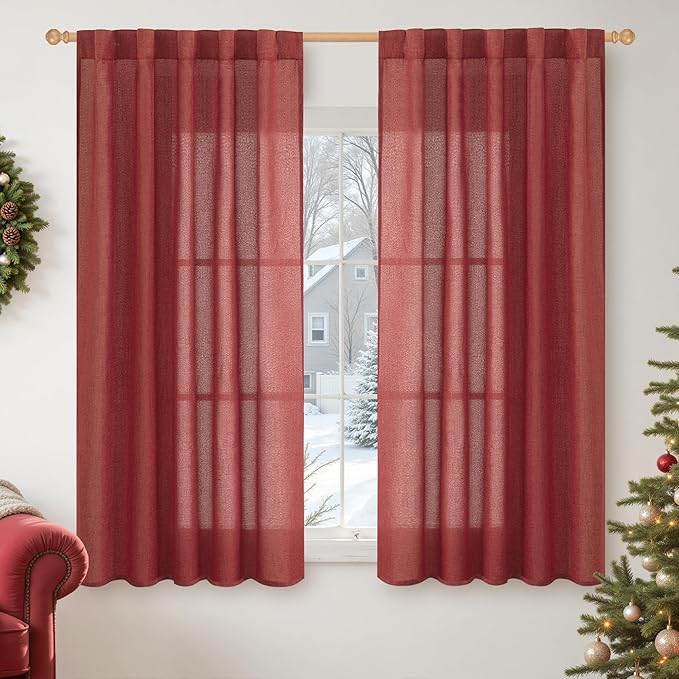 YoungsTex Burgundy Red Linen Curtains 54 Inch Length for Kitchen, Light Filtering Semi Sheer Small Window Drapes Rod Pocket Back Tab for Christmas Living Room Cafe, 2 Panels, 42 X 54 Inch