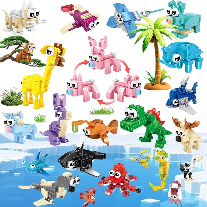 24 Pack Party Favors for Kids, Mini Animal Building Blocks Set, Classroom Gifts for Students, STEM Toys for Boys,Easter Basket Stuffers, Birthday Gifts