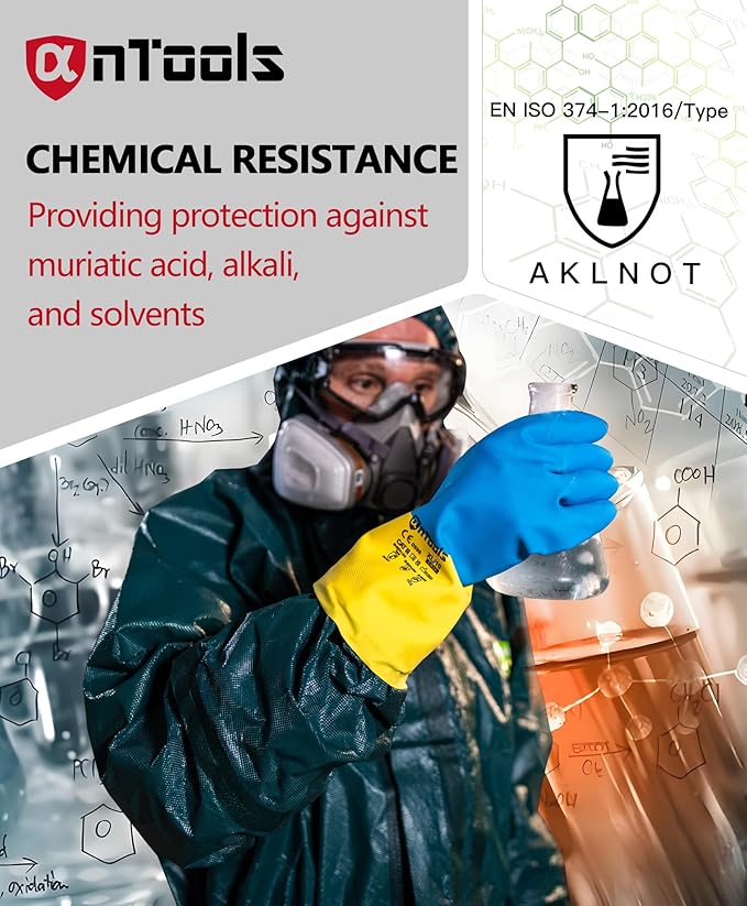 Neoprene and Rubber Blend Heavy-Duty Chemical Gloves, Protective industrial gloves for Resist Acid, Alkali, Hazmat, cleaning, dishwashing, Large