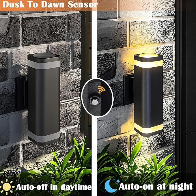 LED Outdoor Wall Sconce, Dusk to Dawn Outdoor Lighting Fixture, Modern Up Down Porch Lights ETL Listed, Aluminum Exterior Wall Lights for Garage Door,House,Patio 2 Pack