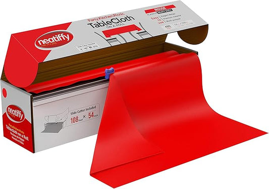 Neatiffy Disposable Plastic Table Cloth Roll | 54 in x 108 Ft Waterproof Tablecloth | Table Cover for Rectangle, Square, Round Oval Tables | Picnic, Party, Banquet, Birthdays, Weddings - Red