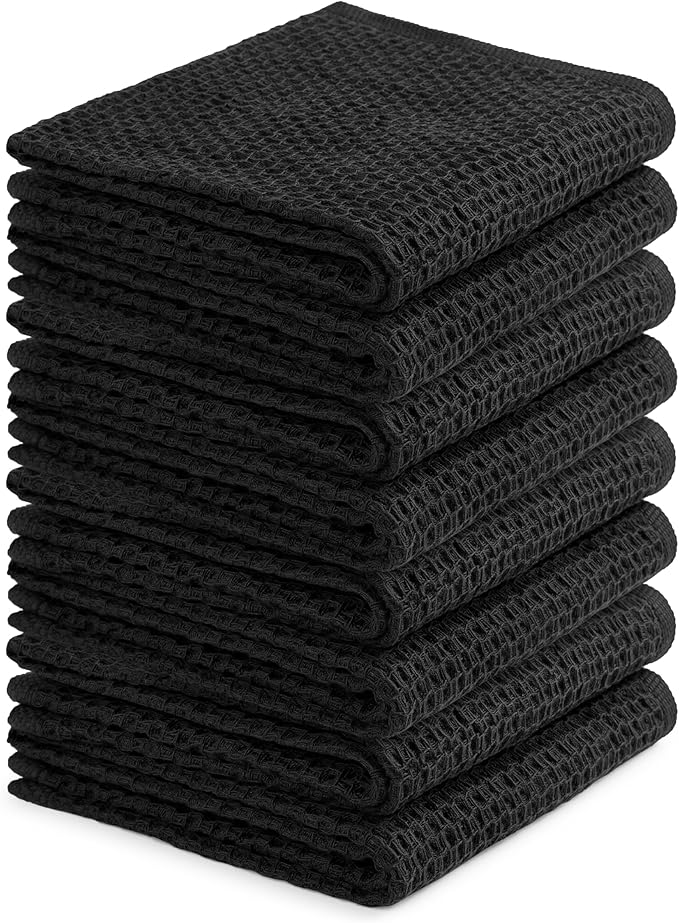 Premium Cotton Waffle Kitchen Towels - Pack of 8 (13x28), Ultra Soft, High GSM, Absorbent Dish Towels, Quick Dry Best for Dish Cloths, Hand Towels & Dish Rags - Black (Kitchen Essentials)
