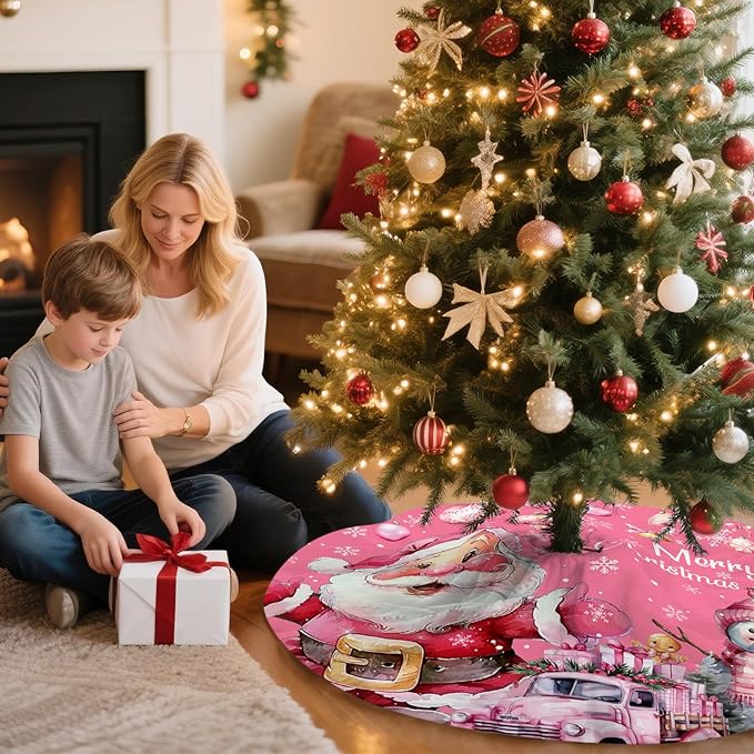 Pink Christmas Tree Skirt Santa Snowflaks Truck Christmas Decorations Xmas House Decor Winter Holiday Party Xmas Tree Skirt 36 inches