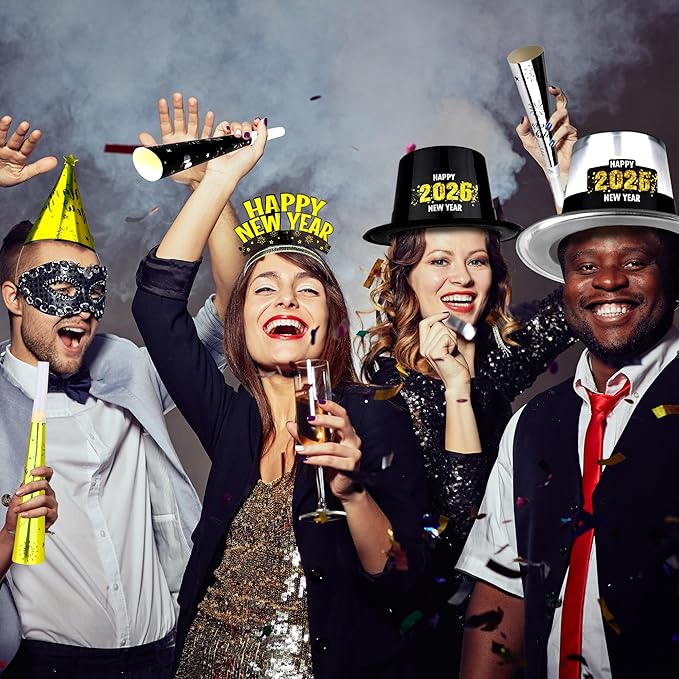 200PCS New Years Eve Party Favors, 100 Guests Happy New Year Hats, New Year Party Supplies Gold Silver Black, Foil NYE Noise Makers Cardboard Horns Cone Hats New Year Tiara New Years Gathering