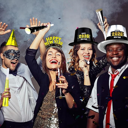 200PCS New Years Eve Party Favors, 100 Guests Happy New Year Hats, New Year Party Supplies Gold Silver Black, Foil NYE Noise Makers Cardboard Horns Cone Hats New Year Tiara New Years Gathering