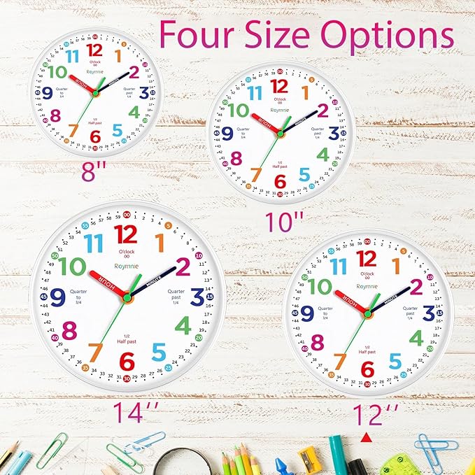 Roymnie12 Inch Wall Clock for Kids Learning to Tell Time Easily Analog Non Ticking Battery Operated Teaching Clock Silent Teaching Time Clock Decorative for Kids Room Classroom School (White Grain)