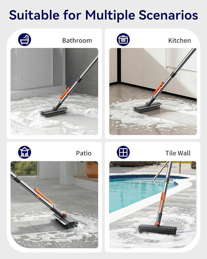 Small Floor Scrub Brush with Length Adjustable Long Handle, 3 in 1 Heavy-Duty Stiff Bristle Scrubber Brush with Squeegee and Tweezer for Cleaning Bathroom, Tile, Deck, Patio, Garage and Kitchen