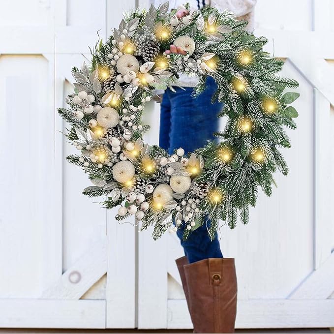 WANNA-CUL Pre-Lit 30 Inch Large Christmas Wreath for Front Door with 50 Led Lights,Silver White Lighted Christmas Door Wreath Decor with White Apples and Berries, Battery Operated