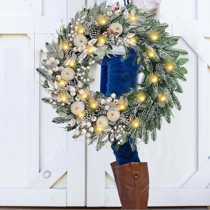 WANNA-CUL Pre-Lit 30 Inch Large Christmas Wreath for Front Door with 50 Led Lights,Silver White Lighted Christmas Door Wreath Decor with White Apples and Berries, Battery Operated