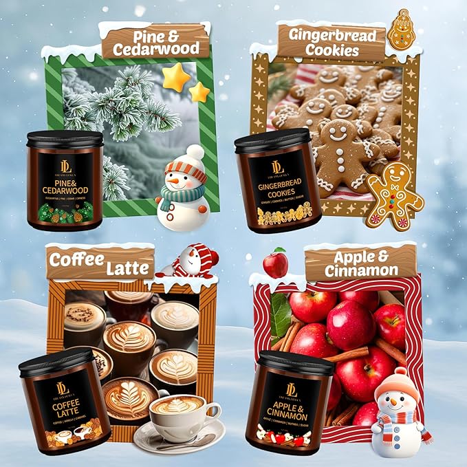 Winter Candle Set, Candles for Home Scented, 4 Pack Soy Candles for Holiday, Valentine's Day Gifts for Women Men, Winter Scents of Gingerbread Cookies/Apple & Cinnamon/Coffee Latte/Pine & Cedarwood