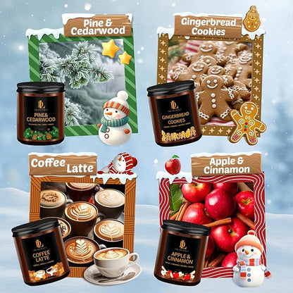 Winter Candle Set, Candles for Home Scented, 4 Pack Soy Candles for Holiday, Valentine's Day Gifts for Women Men, Winter Scents of Gingerbread Cookies/Apple & Cinnamon/Coffee Latte/Pine & Cedarwood