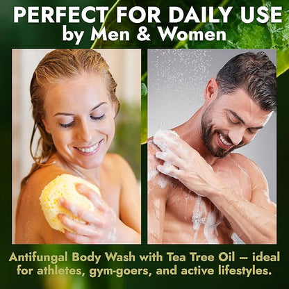 Antifungal Body Wash with Tea Tree Oil | Antibacterial Soap for Back Acne,Treats Ringworm, Eczema & Jock Itch | Antibacterial Body Soap For Men And Women | Includes Silicon Scrubber (16.9 oz)
