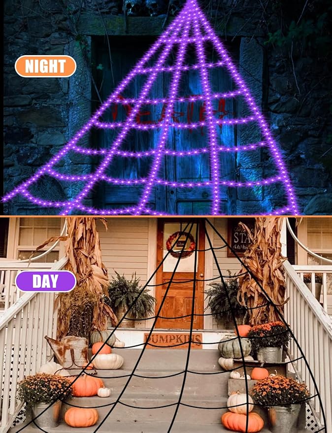 Halloween Decorations Outdoor Spider Web Lights - 16.4Ft Light Up Spider Web with 550 LEDs, Waterproof, 8 Modes Memory Function for Outdoor Yard Halloween Decorations (Without Spider)