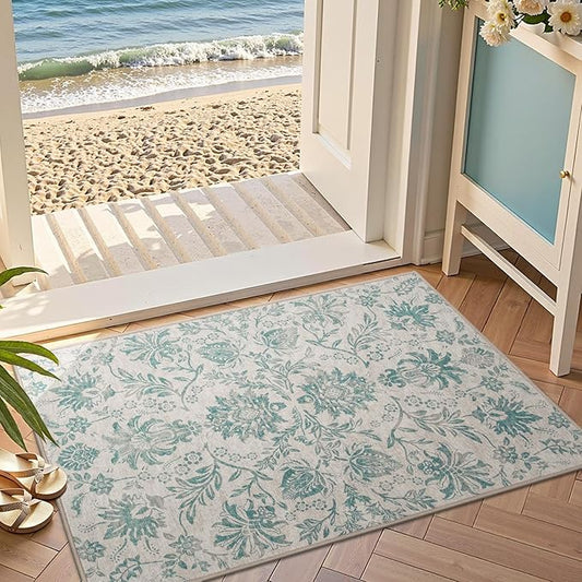 jinchan 2x3 Washable Rugs for Entryway Vintage-Inspired Floral Design Non-Slip Low-Pile Doormat Ultra-Thin Indoor Traditional Accent Carpet for Entrance Kitchen Bathroom Bedroom